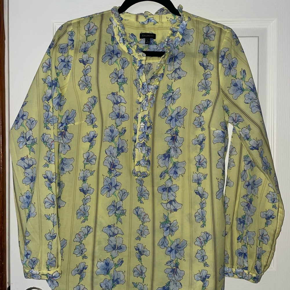 Talbots Yellow Blouse with Blue Floral Print